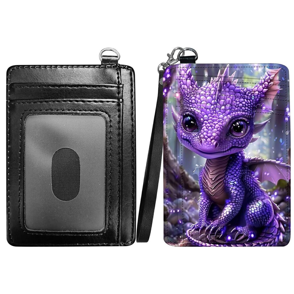 8577 Purple Dragon Slim Minimalist Wallet with Lanyard Strap, PU Leather